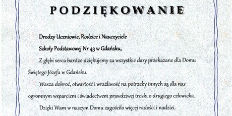 Dom Św. Józefa w Gdańsku przekazuje wyrazy wdzięczności